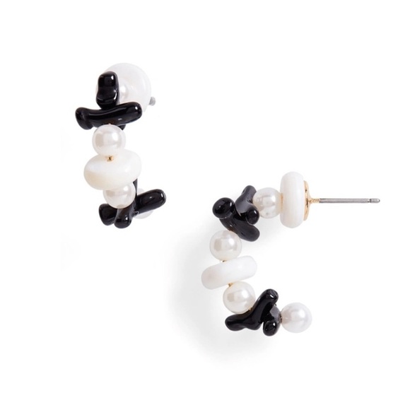 $90 Lele Sadoughi Riviera Beaded Huggie Hoop Earrings small / black & white - Picture 4 of 7